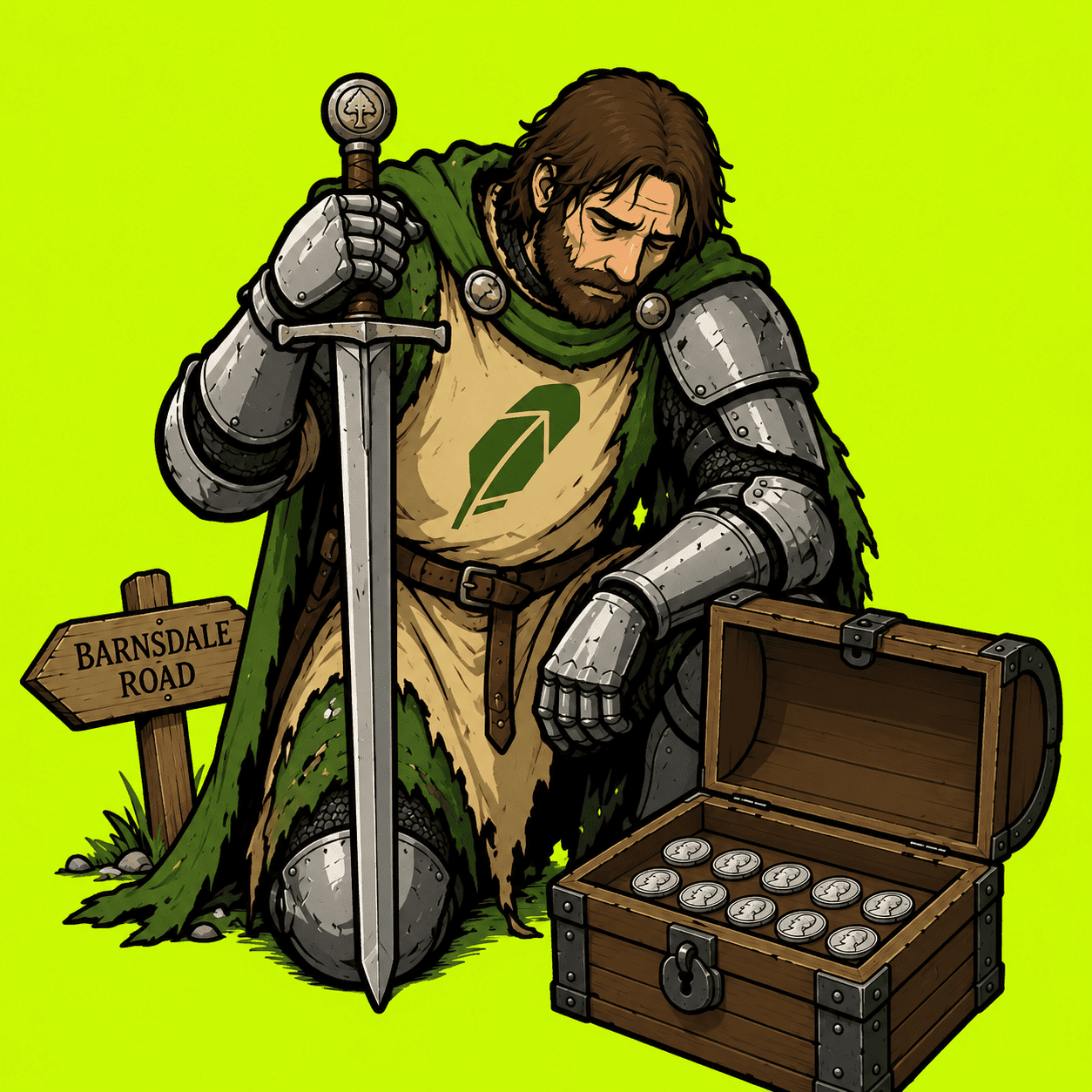 The Sorrowful Knight kneeling beside a chest containing ten silver shillings on Barnsdale Road